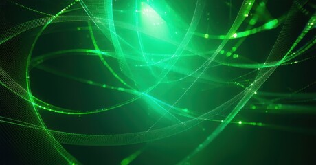 Fototapeta premium Thin intersecting arcs of green light create a delicate glowing web in a deep emerald space. The intricate neon structure radiates energy, forming a futuristic digital network