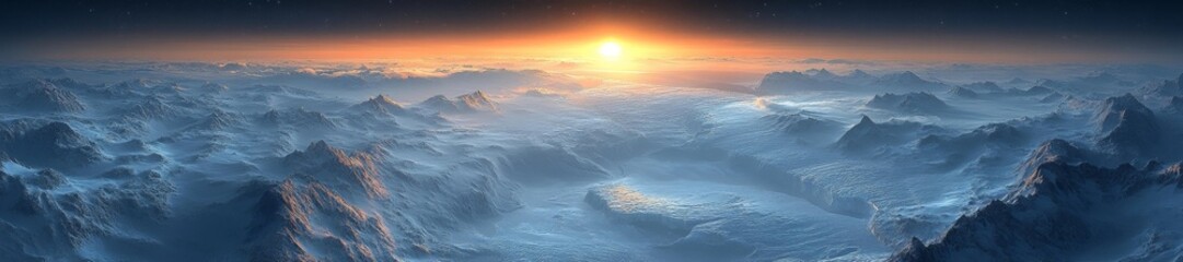 Frozen Mountain Landscape with a Setting Sun. Generative AI