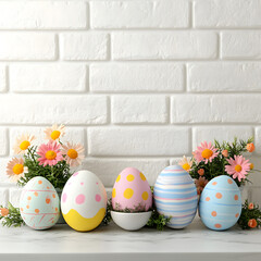 Stone podium on table decorated with easter eggs and spring flowers on white brick wall background