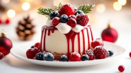 Christmas Dessert with Berries and Festive Garnish. Generative AI