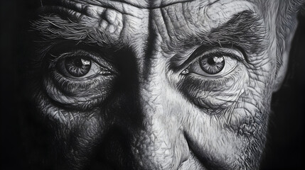 charcoal drawing of an elderly man's face with deep wrinkles and expressive eyes 