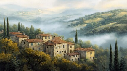 Fototapeta premium Picturesque Village In Morning Fog With Mountains In Background And Houses Of European Countryside With Trees And Golden Light And Mist In The Valley With Cozy And Serene Atmosphere And Olive Trees