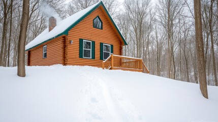 Rustic cabin nestled in snowy forest, winter wonderland scene, snow covered ground leading to a wooden cabin, brown cabin with green trim, snow