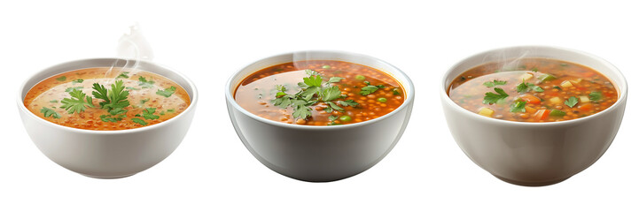 Set of a bowl of lentil soup with steam rising, popular iftar dish, isolated on a transparent background.