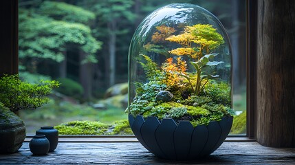 Miniature forest terrarium, window, forest background, zen garden, home decor