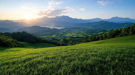 Fototapeta premium Sunrise over mountain valley, green hills, scenic landscape, travel photography