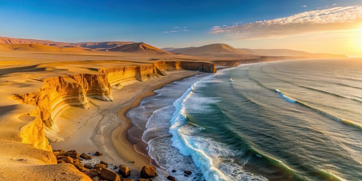 Panoramic view of Playa de la Mina at sunrise with rugged coastline and sandy beach amidst Paracas desert landscape, beach landscape, Peruvian coast