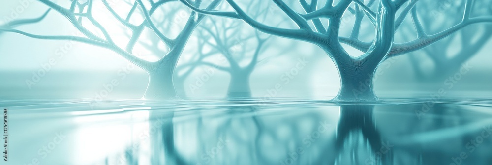 Poster glowing reflections in a glass forest featuring abstract tree shapes in a serene landscape. generati