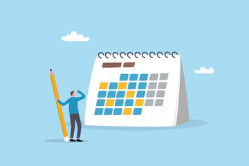 Calendar schedule, event or meeting reminder, date time planning, work deadline or appointment, due date organizer weekly review concept, businessman hold pencil thinking with calendar schedule plan.