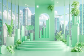 A modern green interior featuring steps, plants, and large windows with a city view, creating a fresh and vibrant atmosphere.