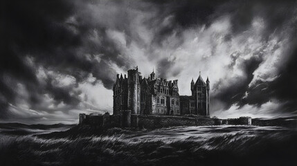 Obraz premium and moody charcoal artwork of a gothic castle under a stormy sky with dramatic lighting 