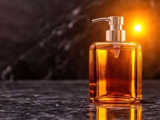 Elegant amber glass bottle with a sleek pump on a dark marble surface, perfect for cosmetic or fragrance display.