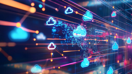 A vivid digital illustration of cloud computing technology, featuring an abstract global map composed of blue digital dots.