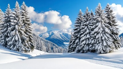 Snowy mountain landscape with tall evergreen trees covered in snow, pristine snow covered ski slopes, sunny day, clear blue sky, and fluffy white