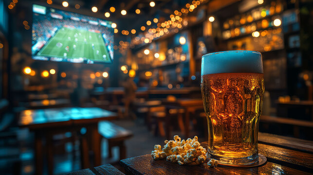 A refreshing beer with popcorn in a lively bar setting, perfect for game night.