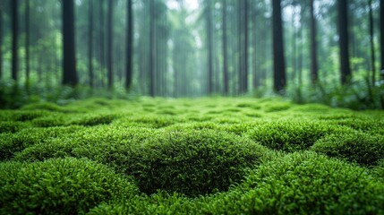 Lush green moss blankets the forest floor, surrounded by tall trees in a tranquil, misty atmosphere