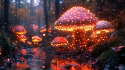 Enchanted forest scene with glowing mushrooms illuminating a serene stream in autumn