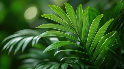 Lush green palm leaves against a blurred background, showcasing nature's vibrant beauty