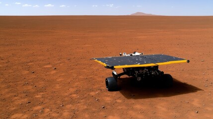 Exploration vehicle on a dusty plain under a partly cloudy sky, showcasing the harshness of the Martian landscape