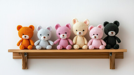 Craftsman Handmade Craft Concept, Colorful crocheted teddy bears displayed on a wooden shelf against a plain background, adding a whimsical touch to a cozy space.