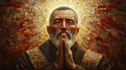 A divine mosaic depiction of Saint Padre Pio standing in prayer, his stigmata glowing softly, delicate tesserae forming lifelike expressions, intricate gold and red tilework in the background,