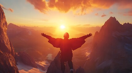 Fototapeta premium Wingsuit Flyer at Sunset Over Majestic Mountains