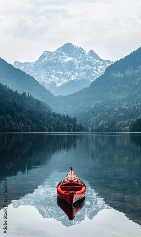 Poster Lone kayak rests on the calm surface of a mountain lake surrounded by serene forests and majestic peaks. Generative AI