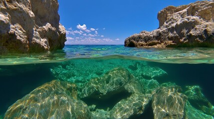 Obraz premium Clear water, rocky shoreline, splitting between above and underwater views, bright sunlight, vibrant colors, calm atmosphere, natural light, shallow