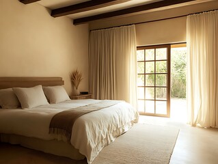 neutral bedroom with bed and minimal decorations