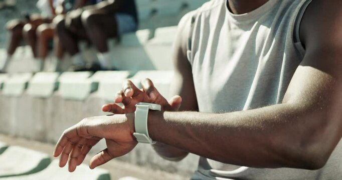 Man, hands and checking time with fitness watch at stadium for workout app, exercise or training routine. Closeup, male person or runner with wristwatch for sport feed, step counter or performance