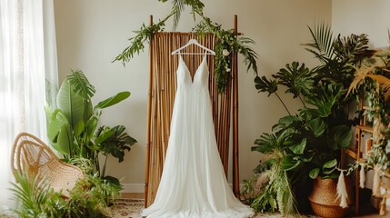 Elegant Bohemian-Inspired White Wedding Dress Displayed Among Lush Greenery in Serene Indoor Setting