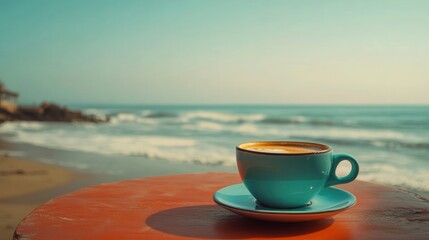 Teal coffee cup on table overlooking ocean waves.