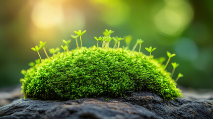 Green moss grows around rocks, symbolizing nature's resilience and harmony, sticking to stone in a bright, modern tone with a blurred background and empty space, evoking calm amidst chaos