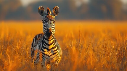 Obraz premium A solitary zebra stands gracefully in a golden grassland at sunset, with a serene landscape behind