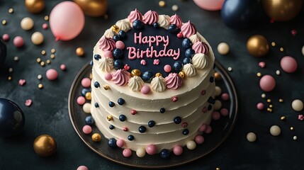 A beautifully decorated birthday cake with colorful toppings, surrounded by festive balloons and confetti