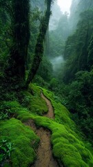 Fototapeta premium Rainforest lush oxygen concept. A misty forest path winds through lush greenery, surrounded by tall trees and vibrant moss, creating a serene and enchanting atmosphere.