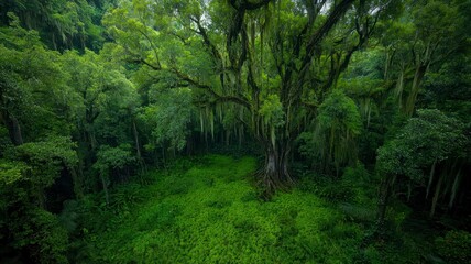 Obraz premium Rainforest lush oxygen concept. A dense, vibrant forest scene showcasing a large tree surrounded by lush green foliage and a carpet of grass.