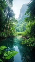 Fototapeta premium Rainforest lush oxygen concept. Lush green jungle landscape featuring a tranquil river surrounded by dense foliage and towering cliffs, creating a serene natural atmosphere.