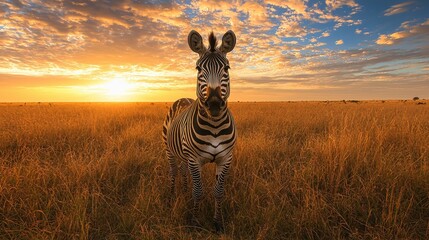Obraz premium Majestic zebra standing in golden grassland at sunset, with vibrant sky and distant hills