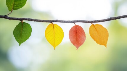 Colorful autumn leaves hanging on a branch against a blurred natural background