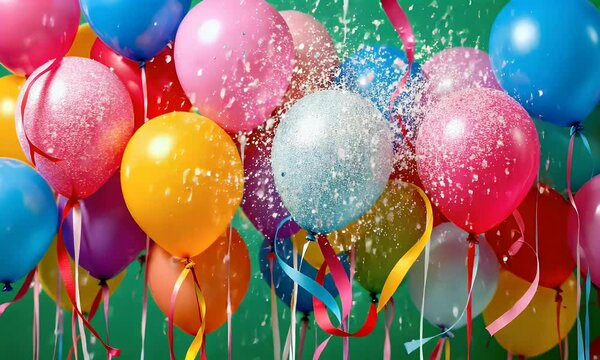 A vibrant explosion of colorful balloons, ribbons, and confetti, celebrating joy and festivity.
