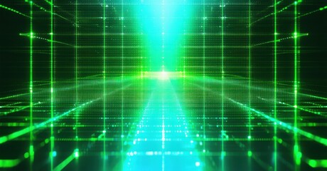 Futuristic holographic green grid pulsates and shifts, forming an intricate glowing network extending into the distance, creating a digital realm with a luminous neon perspective