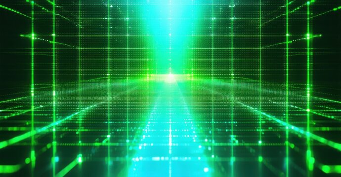 Futuristic holographic green grid pulsates and shifts, forming an intricate glowing network extending into the distance, creating a digital realm with a luminous neon perspective