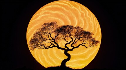 Silhouetted tree against a vibrant orange moon, creating a serene and mystical atmosphere
