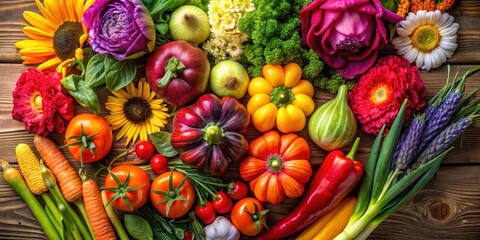 Colorful flowers and vegetables arranged in a natural and harmonious composition, showcasing various shapes and hues, flowers