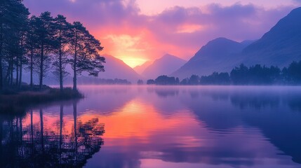 Fototapeta premium Sunrise over a Misty Lake, Majestic Mountains