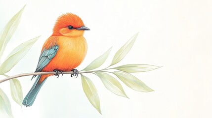 Vibrant orange bird perched on a leafy branch against a soft pastel background, showcasing nature's beauty