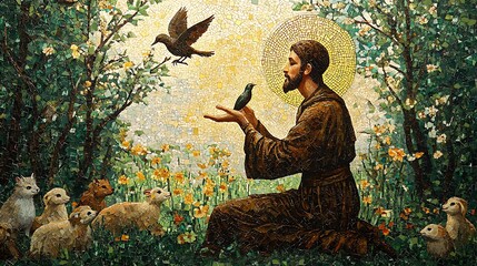 A divine mosaic illustration of Saint Francis of Assisi, kneeling in a sunlit meadow, gently feeding a small bird from his hand, golden tesserae illuminating his form,