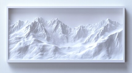 Monochromatic mountain range relief map encased within a modern frame