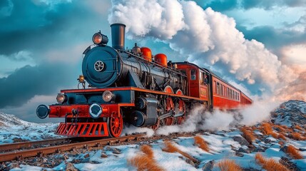 Vintage steam train locomotive moving through snowy landscape, dramatic sky, pixelated style, red and dark gray colors, steam plumes, mountains in